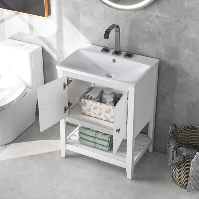 24" Elegant Modern Sleek Bathroom Vanity with Ceramic Sink with Solid Wood Frame and Open Style Shelf