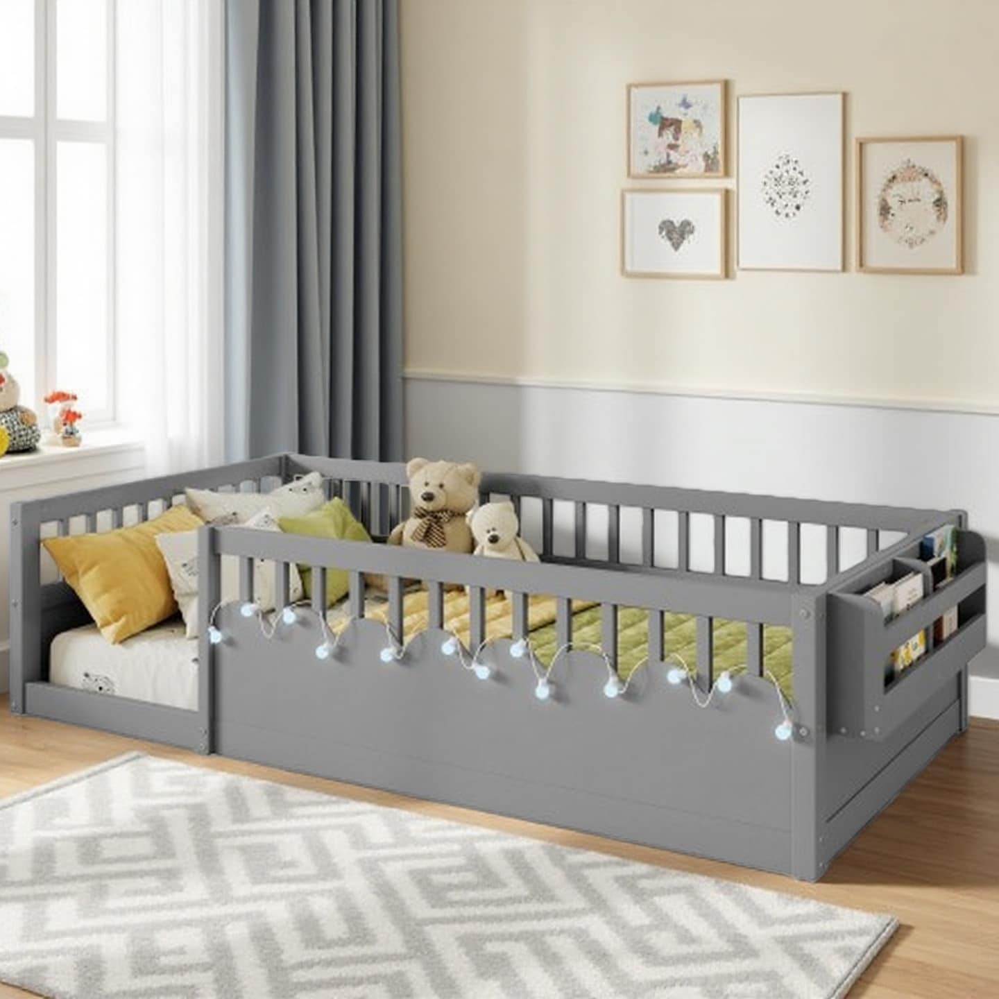 Twin Size Montessori-Style Floor Bed with High Safety Rails, Built-In Storage Shelf and Reading Light for Kids