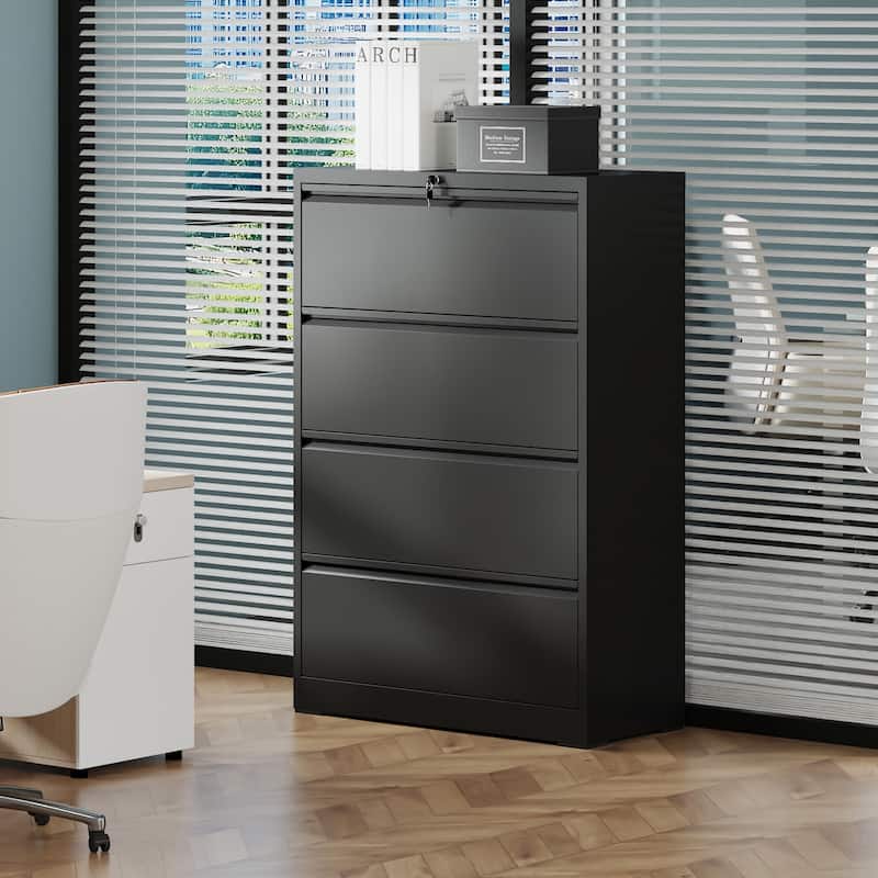 Modern Filing Cabinet Lateral Filing Cabinet with 4 Drawers, Quiet Slides and Locks, for Home Office, Black - Black