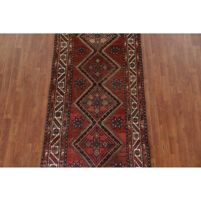 Hand Knotted Oriental 100% Wool Carpet Traditional Geometric Red Hamedan Runner Rug - 9' 10'' X 3' 8''