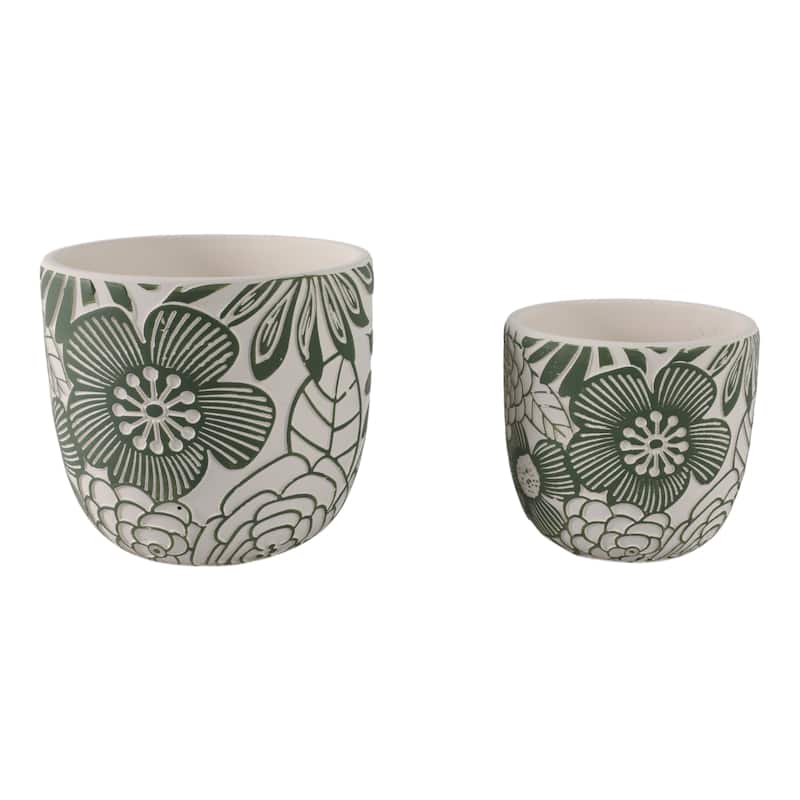 Pottery Planters Floral Carved Design (Set of 2) - 7", 6" White, Green - 8" x 8" x 7" - White/ Green - 8" x 8" x 7"