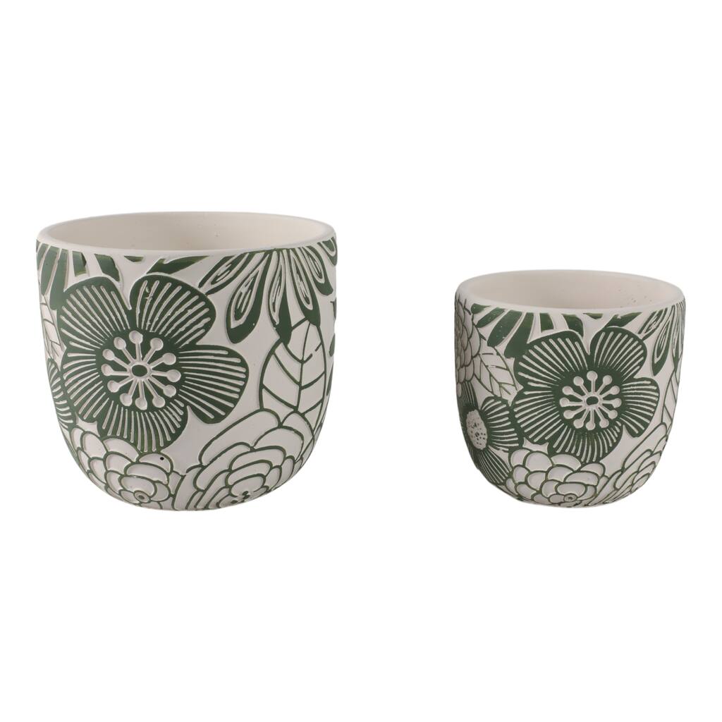 Pottery Planters Floral Carved Design (Set of 2) - 7", 6" White, Green - 8" x 8" x 7"
