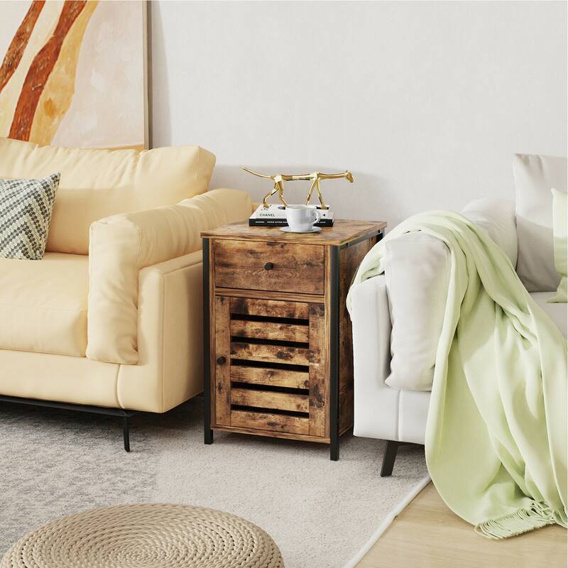 Gymax Nightstand with Drawer Cabinet Adjustable Shelf Industrial Side