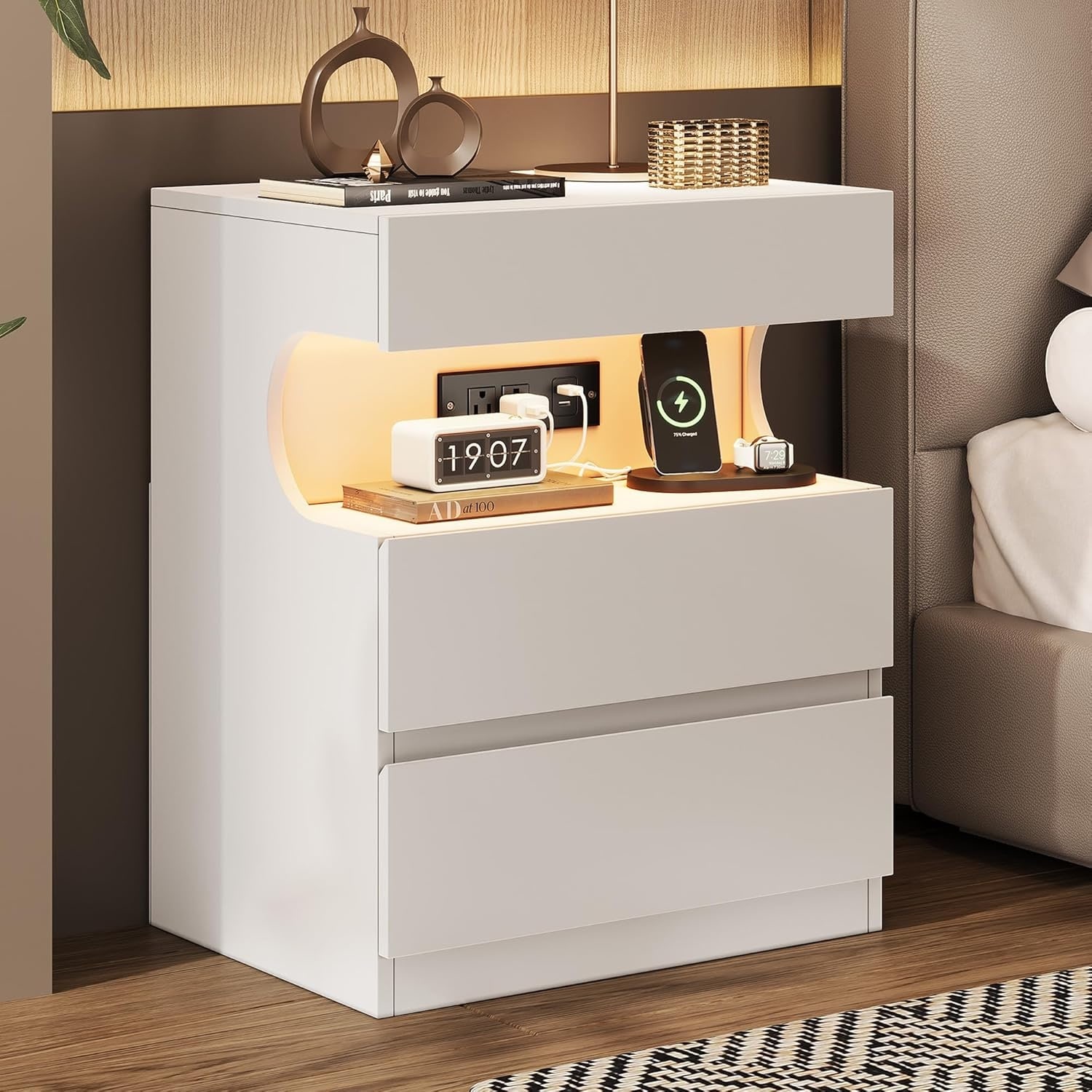 White Nightstand with App-Controlled LED Light, Modern Bedside Table with Charging Station