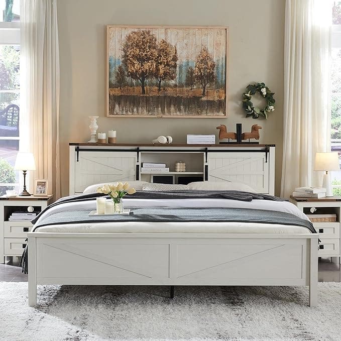Farmhouse King Size Bed Frame with Storage Shelves & Charging Station
