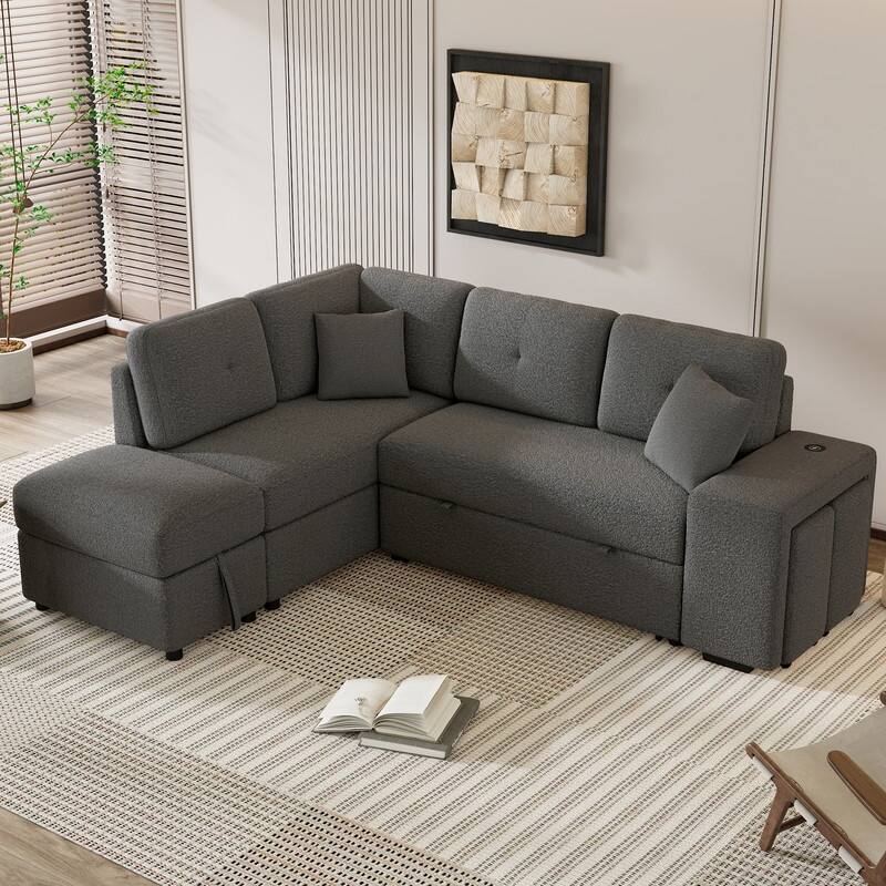 87.7" Modern Sectional Sofa with Pull Out Bed, Convertible Sleeper Sofa with Storage Ottoman,Stools and Pillows - Dark Gray