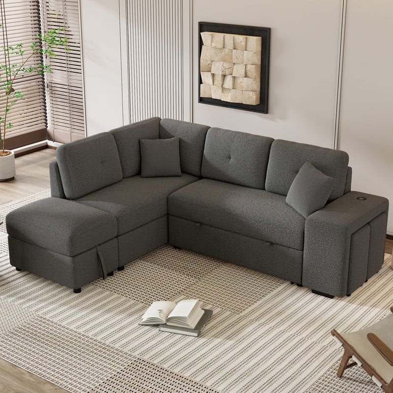 87.7" Modern Sectional Sofa with Pull Out Bed, Convertible Sleeper Sofa with Storage Ottoman,Stools and Pillows