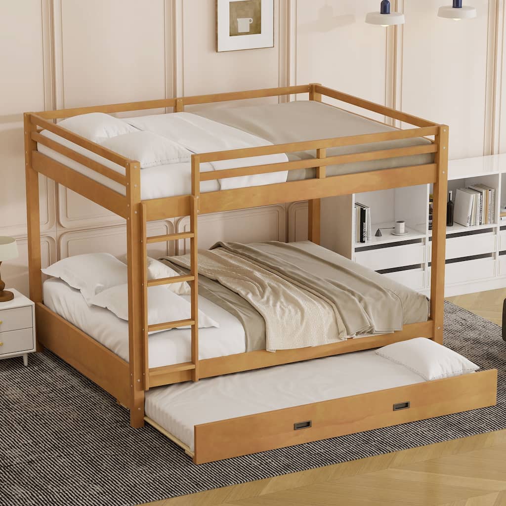 Queen over Queen Size Bunk Bed with Ladder and Guardrail, Modern Wood Bed Frame with/without Trundle Optional