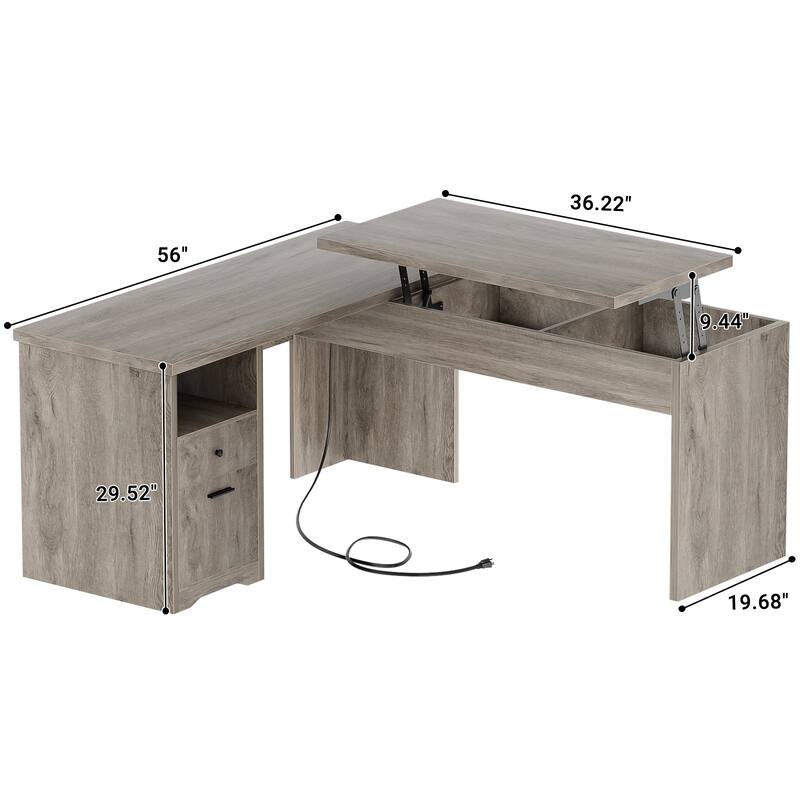 Modern Farmhouse Lift Top L-Shaped Desk with Charge Station, Corner Desk with File Drawers for Home Office