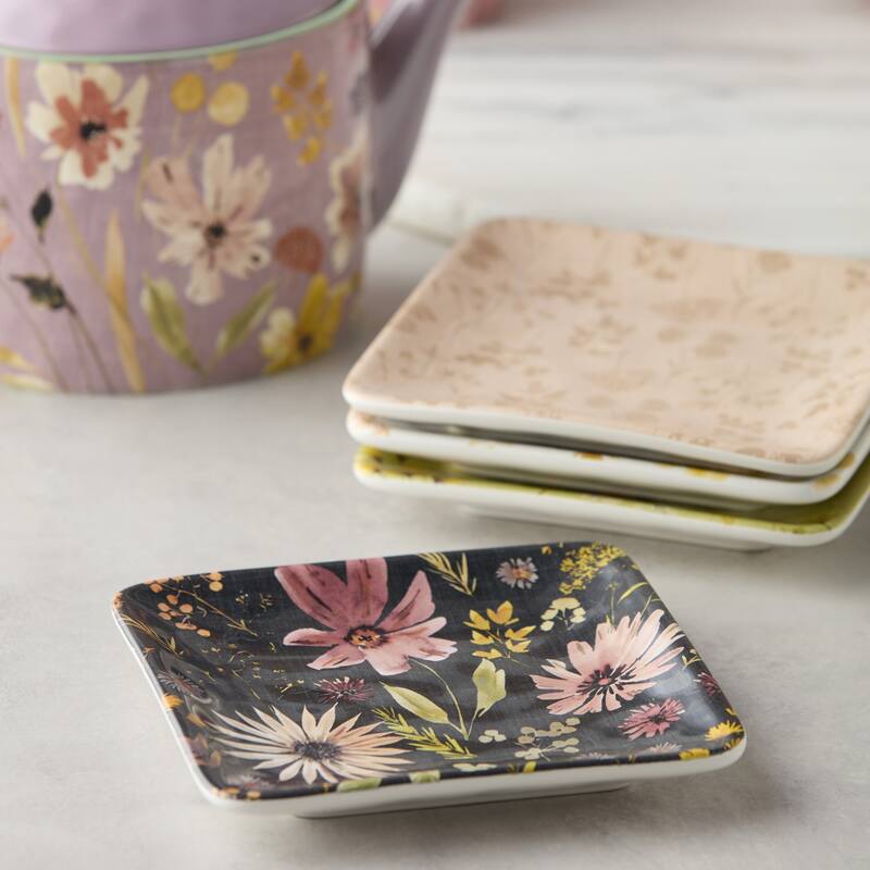 Certified International Wildflowers 6" Canape/Luncheon Plates, Set of 4 Assorted Designs - 6.00"L x 6.00"W x 0.50"H