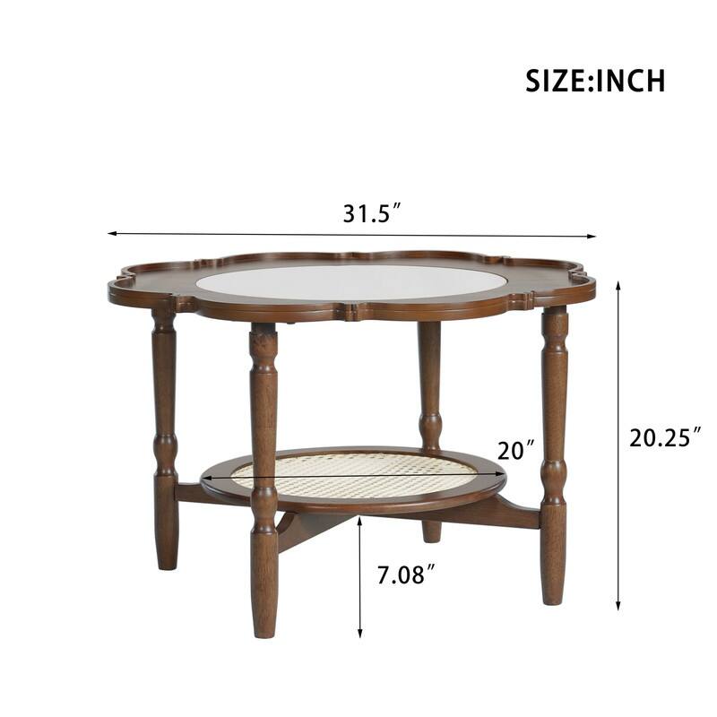 Mid-Century Style Coffee Table with Petal Shape and White Crackle Pattern Glass,2-Tiered Coffee Table with Rattan,Walnut,31.5"