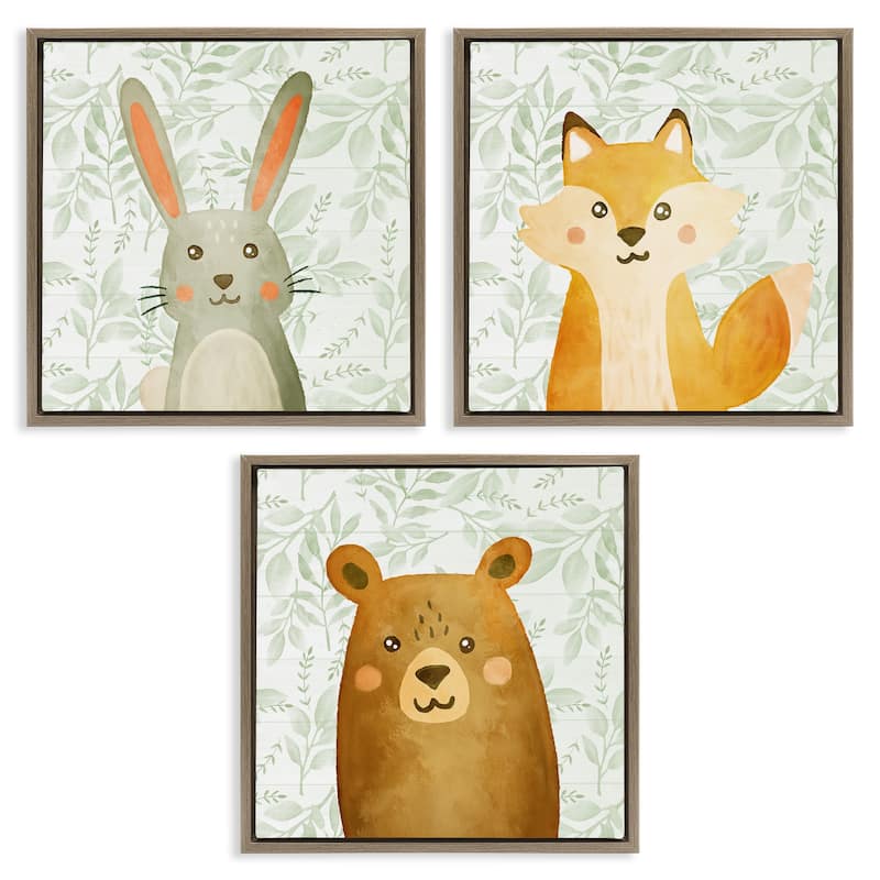 Stupell Joyful Woodland Animals Framed Floater Canvas Wall Art Design By Kim Allen (Set of 3) - 18 x 18 - Brown