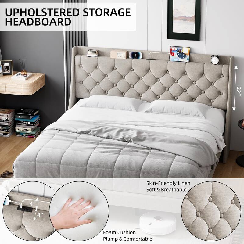 Bed Frame with Charging Station and Storage Shelf
