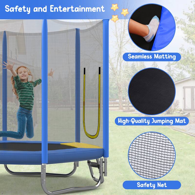 7FT Trampoline with Safety Enclosure Net, Slide and Ladder, Easy Assembly ,Regular Hexagon Outdoor Recreational Trampoline