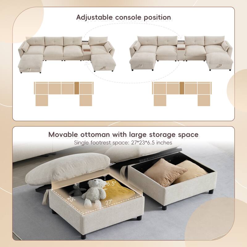 Roomfitters 136'' Modular U-Shaped Sectional Sofa with Console, Cup Holder, USB, Storage Ottoman, Chenille