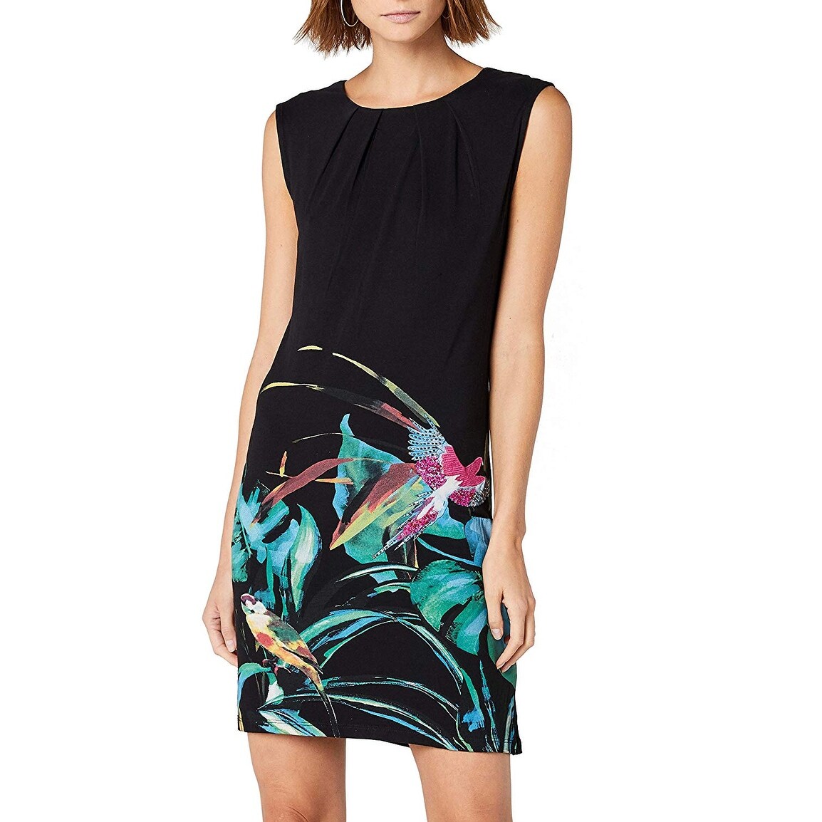 Shop Desigual Women S Black Size Xxs Bird Print Pleat Neck Shift
