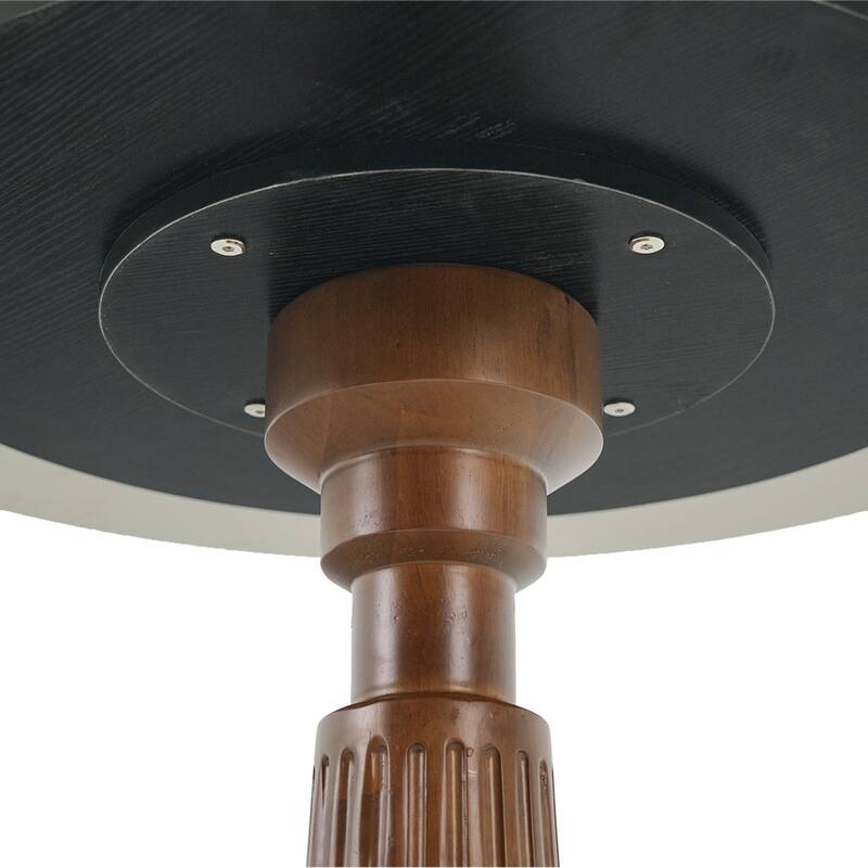 33" Retro Round Side Table, Glass & Sintered Stone Tabletop Dining Table with Solid Wood Pedestal