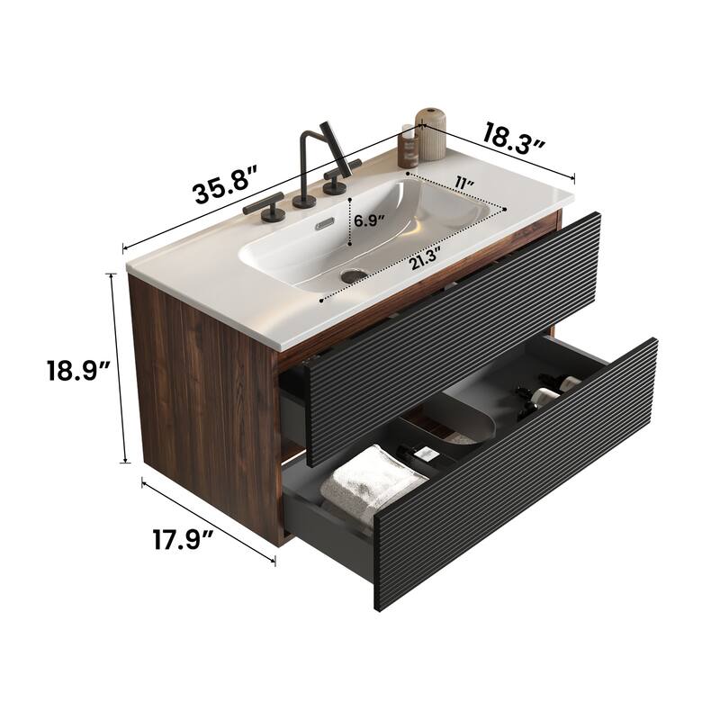 GDFStudio - Gloria Modern Wall-Mounted Floating Bathroom Vanity with Integrated Ceramic Basin & Soft-Close Drawers