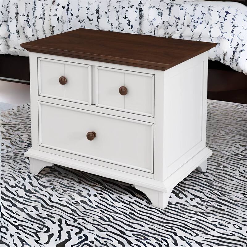 Wooden Two-Drawer Kids Nightstand, White and Walnut