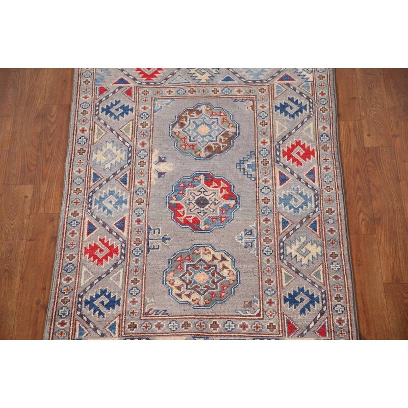 Geometric Kazak Oriental Accent Rug Hand-Knotted Grey Wool Carpet - 2'7"x 4'1"