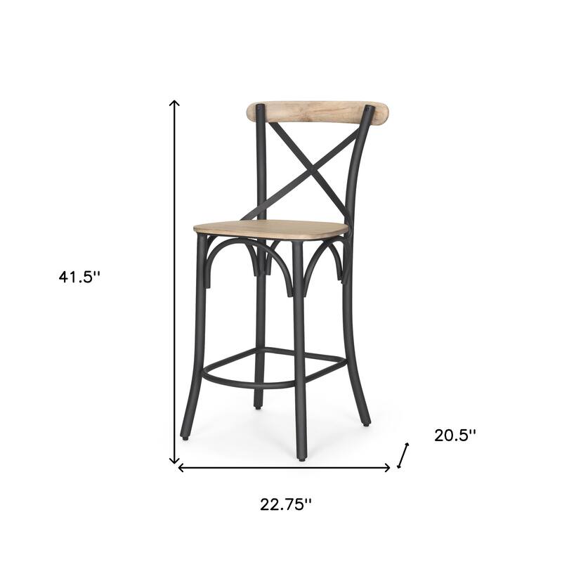 HomeRoots 26" Natural and Gray Solid Wood and Iron Counter Height Bar Chair