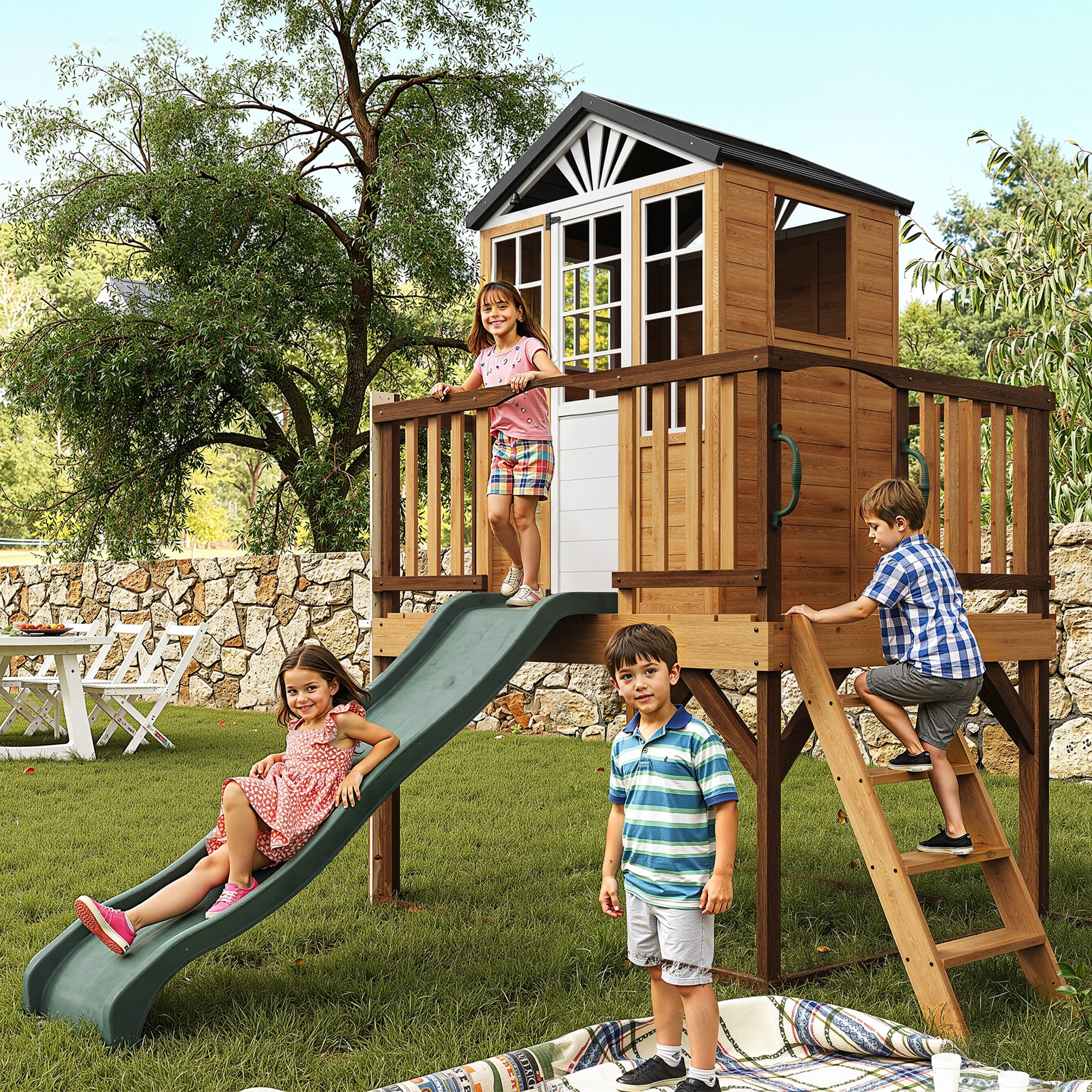 9-in-1 Wooden Playhouse with Slide & Sandbox