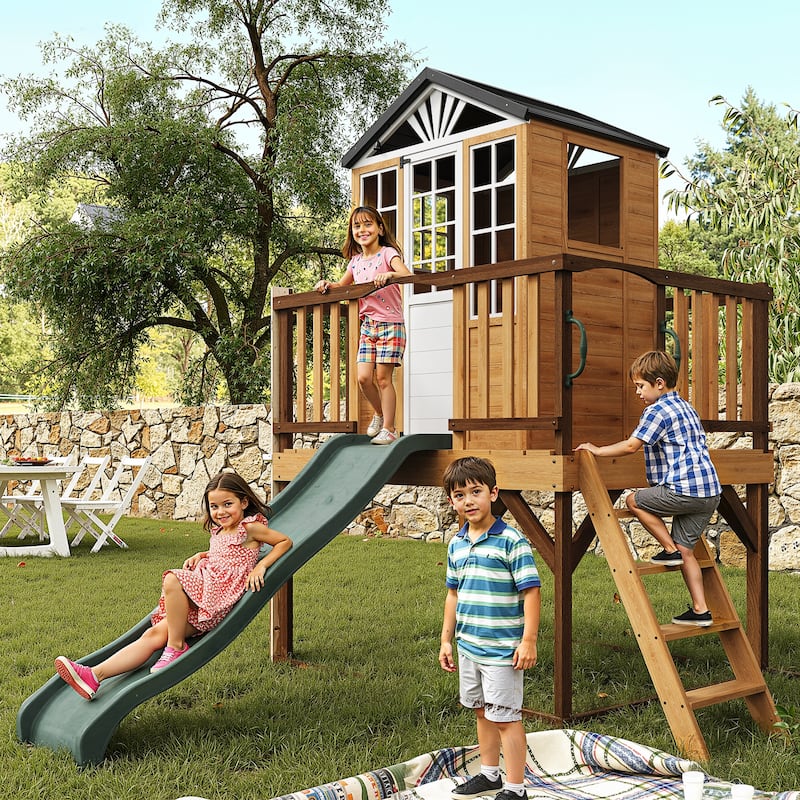 9-in-1 Wooden Playhouse with Slide & Sandbox