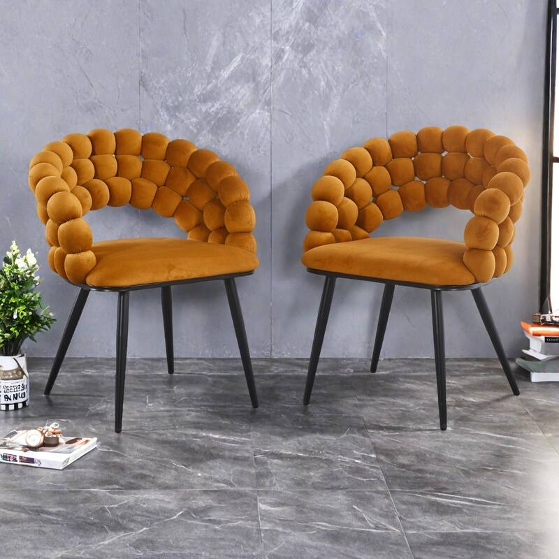 Fabric Modern Chairs (Set of 2) with Golden Iron Tube Legs, Soft Cushions, and Comfortable Backrest - Orange