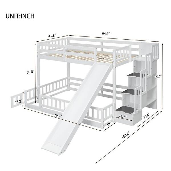 dimension image slide 1 of 2, Pine Solid Wooden Twin Over Full Bunk Bed with Slide,Storage Staircase,Kids and Baby