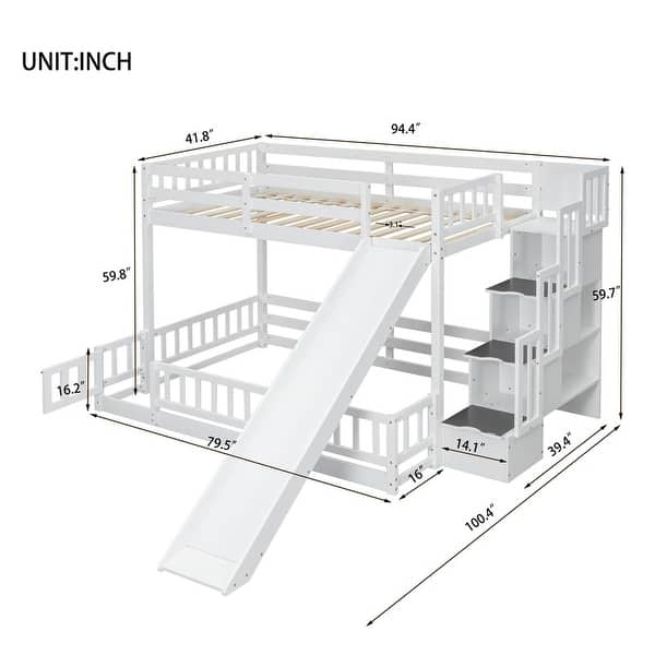 dimension image slide 1 of 2, Twin Over Full Bunk Bed with Slide,Storage Staircase