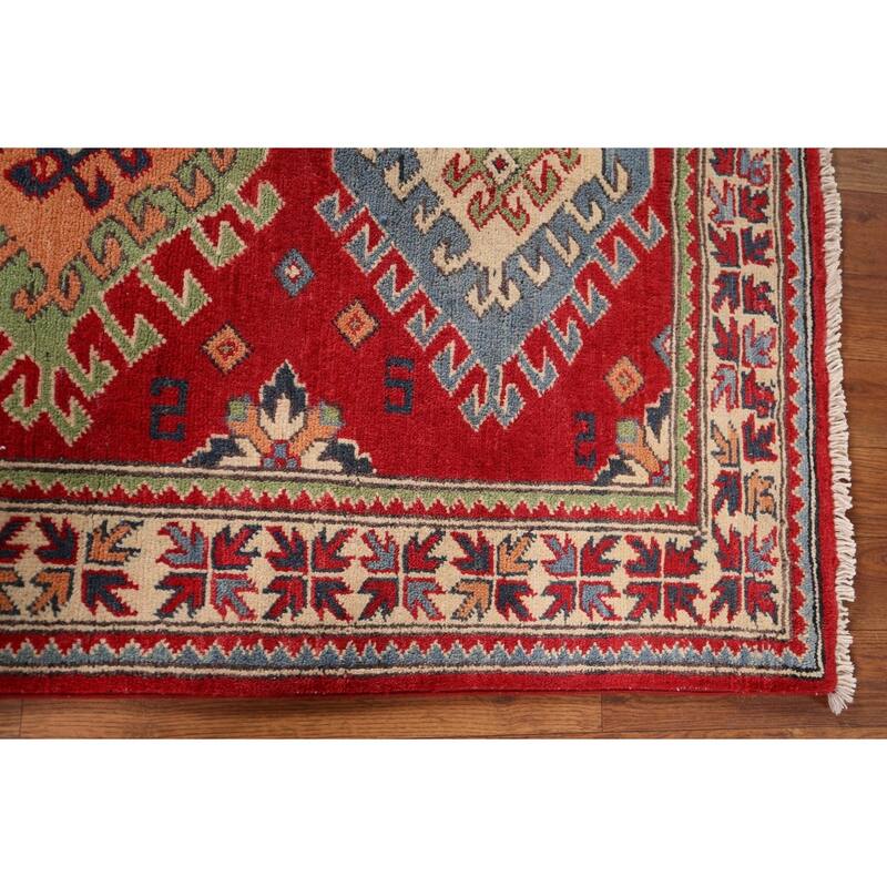 Geometric Kazak Accent Rug Hand-Knotted Red Wool Carpet - 3'4" x 4'7"