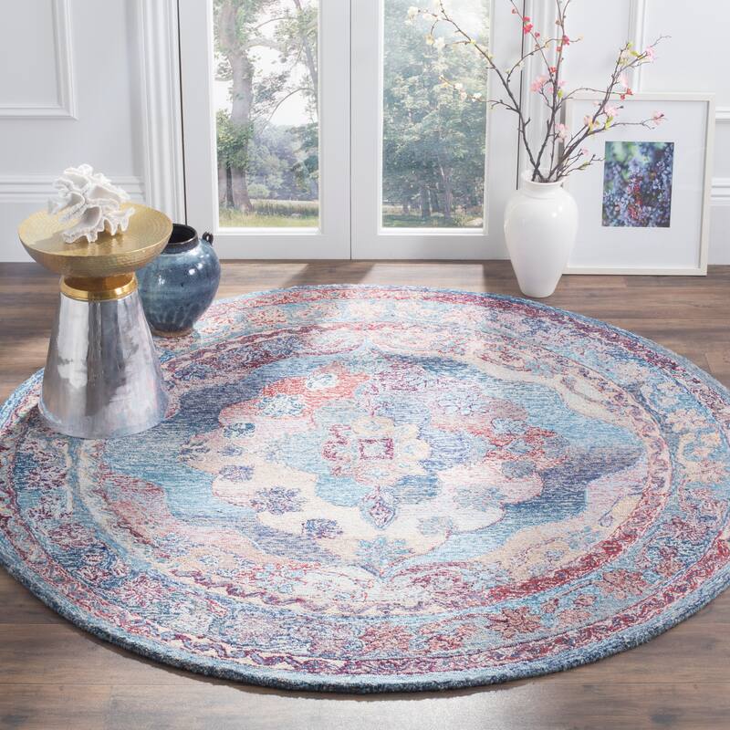 SAFAVIEH Handmade Distressed Tisa Vintage Boho Oushak Oriental Polyester - 6' x 6' Round - Blue - Runner/Round