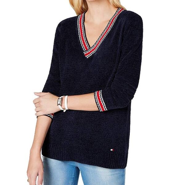 Shop Tommy Hilfiger Women S Logo Striped V Neck Sweater Free Shipping On Orders Over 45 Overstock 29140194