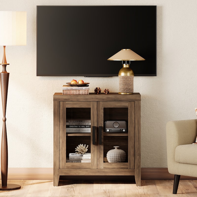 WAMPAT Modern Farmhouse TV Stand, Entertainment Center with Tempered Glass Doors & Adjustable Shelves