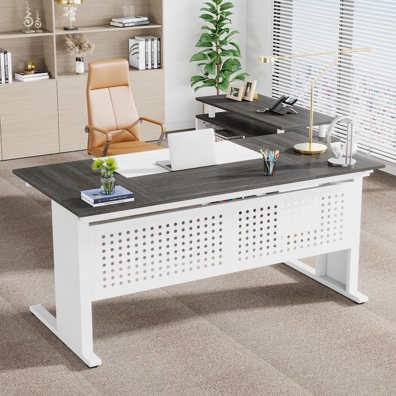 63-Inch L Shaped Executive Desk with File Cabinet, Large Computer Desk with Drawer and Shelves for Home Office
