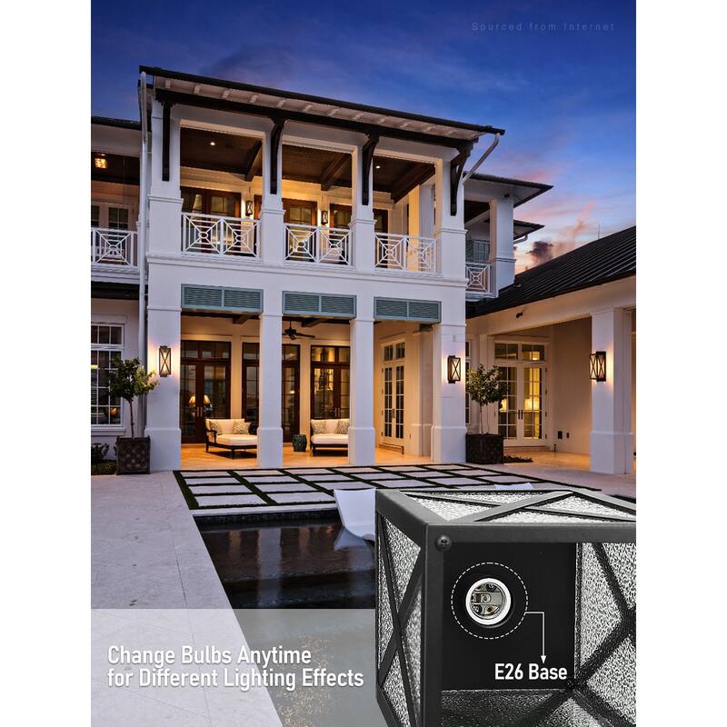 19Inch Exterior Wall Lights, E26 Base, Ripple Glass Shade, Black - 2pack