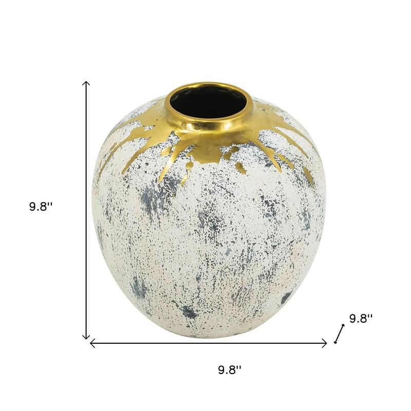 10" Ivory Gray And Gold Abstract Distressed Ceramic Round Table Vase - 9.80