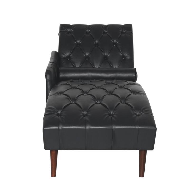 Faux Leather Chaise Lounge Chair with Pillow and Solid Wood Legs, Tufted Upholstered Accent Lounge Chair with Arm