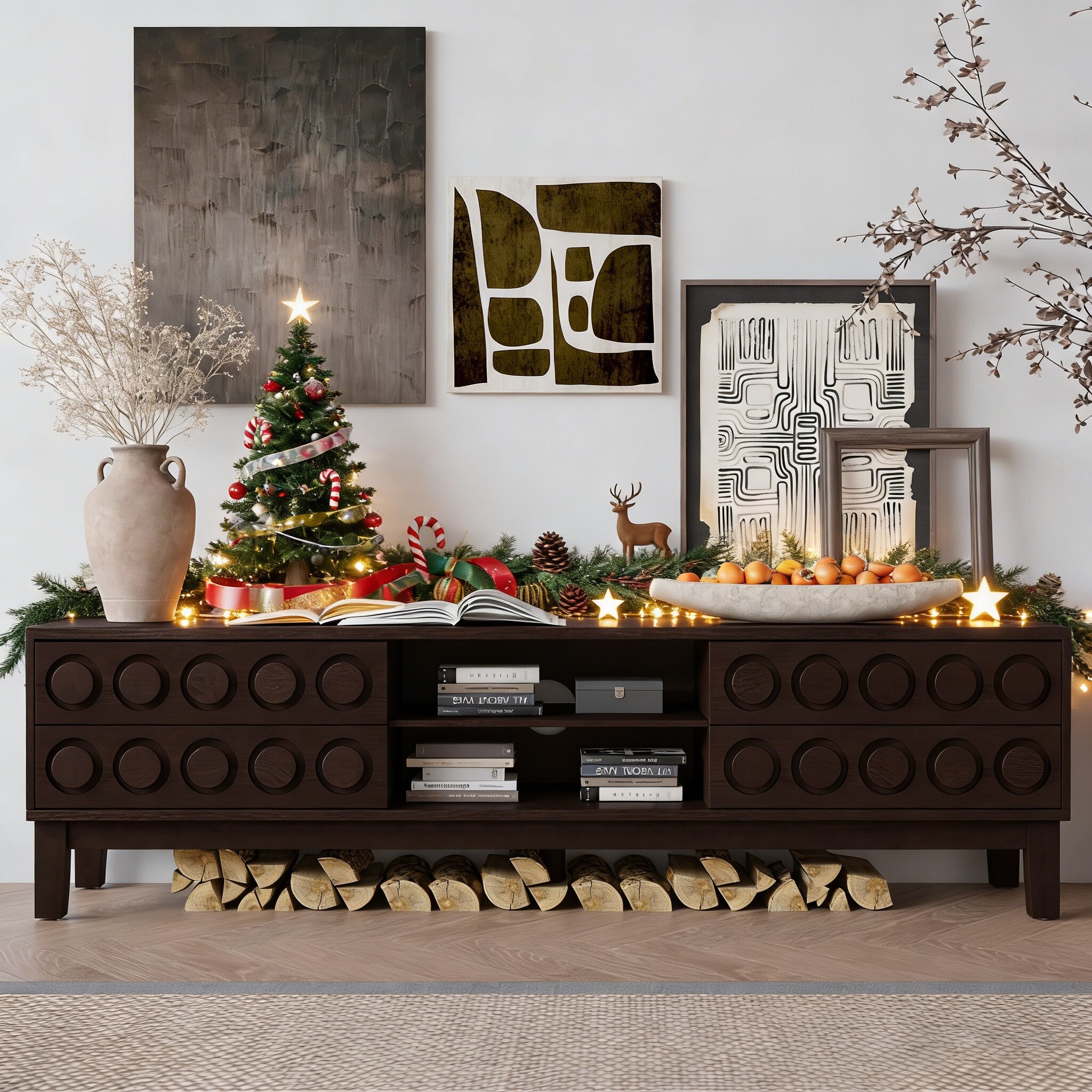 Modern TV Console Table with with 4 Drawers & Cable Management for TVs Up To 75", Entertainment Center with Solid Wood Legs