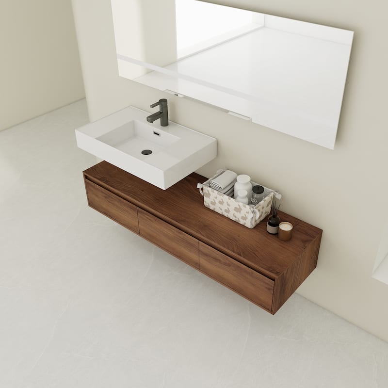 GDFStudio - Amelia 60" Wall-Mounted Bathroom Vanity with Resin Sink and Soft-Close Drawers, Brown Ebony Finish
