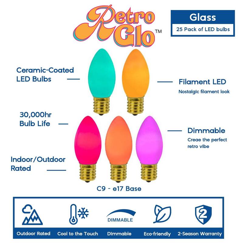 25 Pack C9 LED RetroGlo Outdoor Christmas Replacement Bulbs, C9/E17 Base