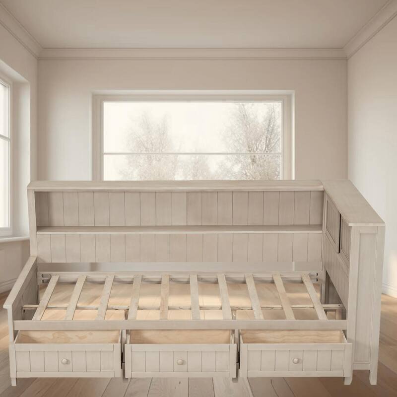 Sturdy Wood Platform Frame Daybed with Storage Shelves and 3 Drawers, Space-Saving Design for Bedroom or Guest Room - Antique White - Twin