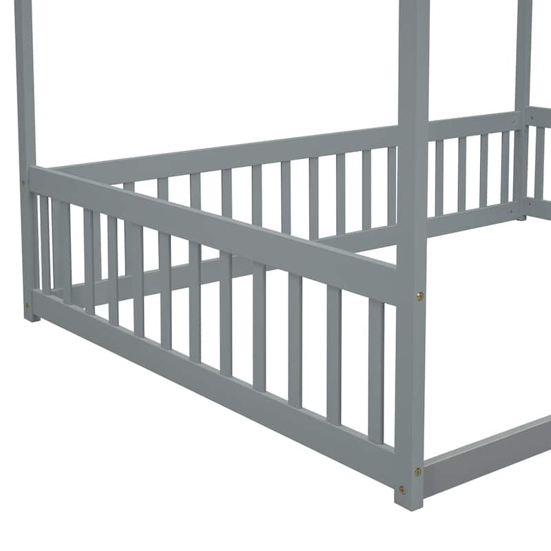 Full Size Canopy Frame Floor Bed with Fence