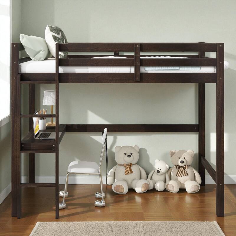 Twin Size Wooden High Loft Bed with Built-in Desk and Ladder, Solid Rubber Wood Loft Bed with Safety Guardrails - Espresso - Twin