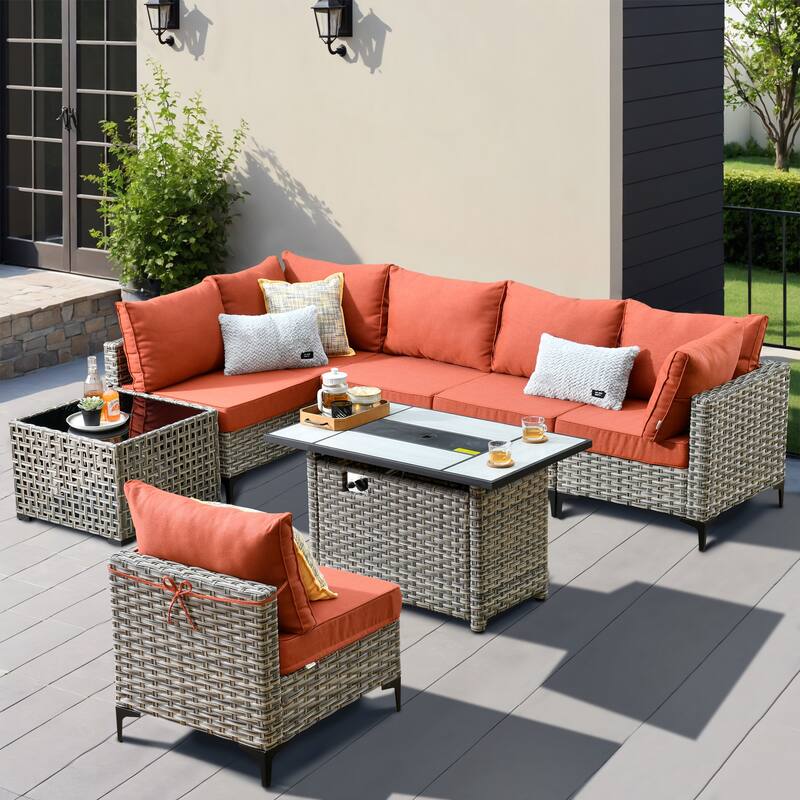 XIZZI 8-Piece Outdoor Wicker Furniture Sectional Set with Firepit - Red