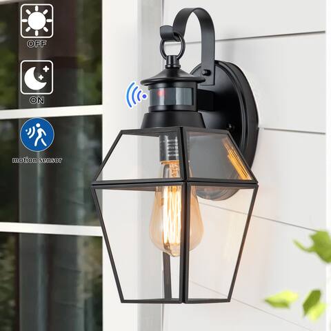 1-Light Black Metal and Copper Motion Sensing Dusk to Dawn Outdoor Wall Lantern
