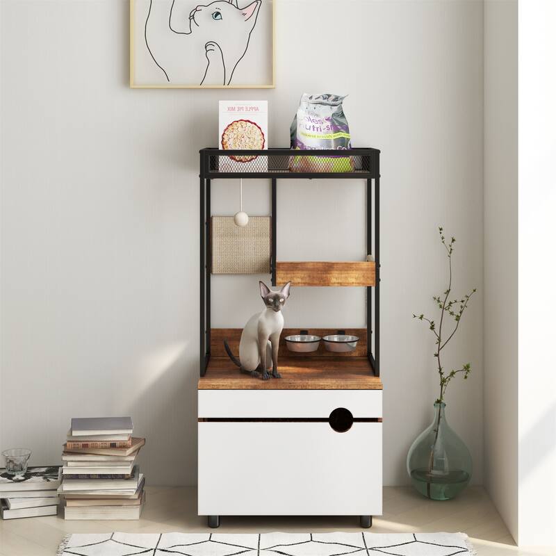 Hidden Cat Litter Box Enclosures with Cat Tree Tower - White+Vintage