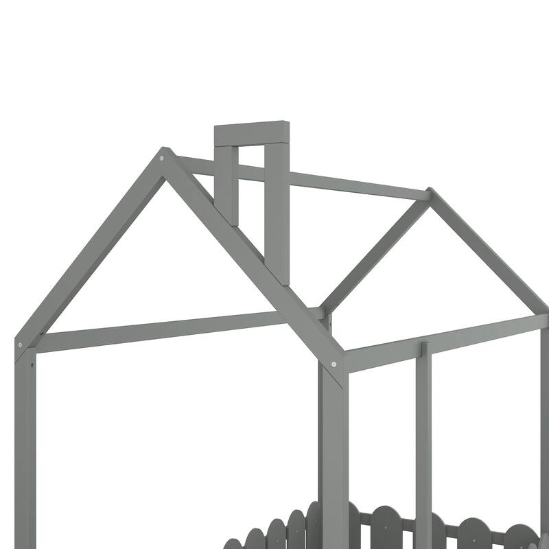 Twin Size Wood House Bed Frame with Fence for Kids and Teens, Gray