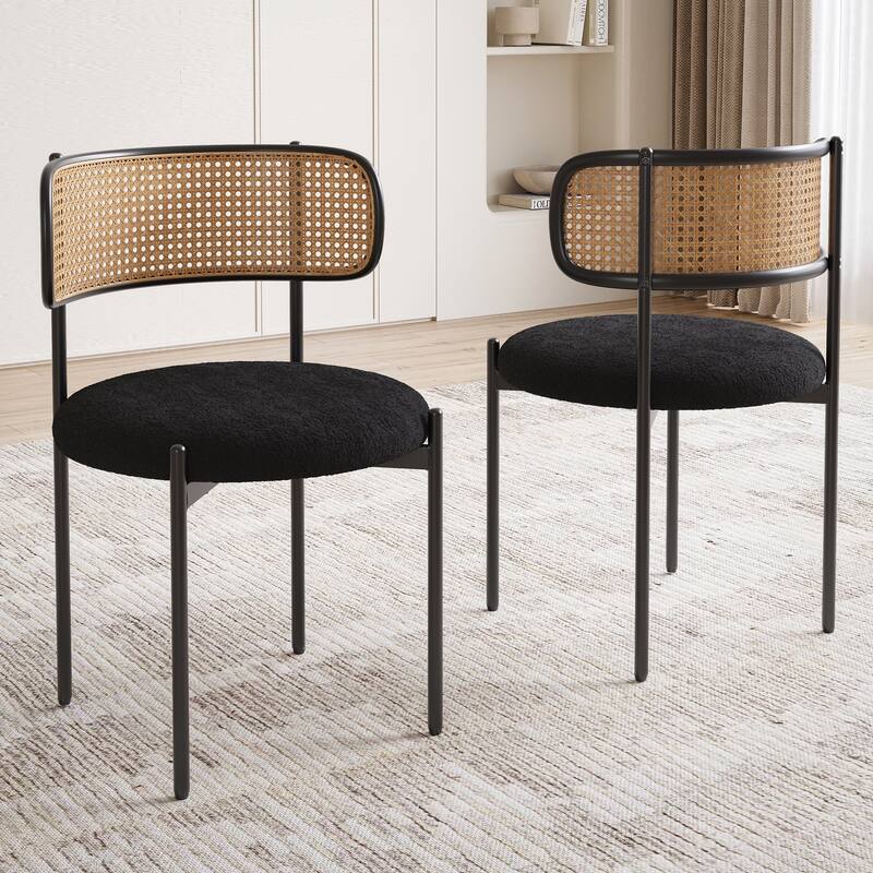 Set of 2 Upholstered Dining Chairs with Rattan Back and Metal Legs