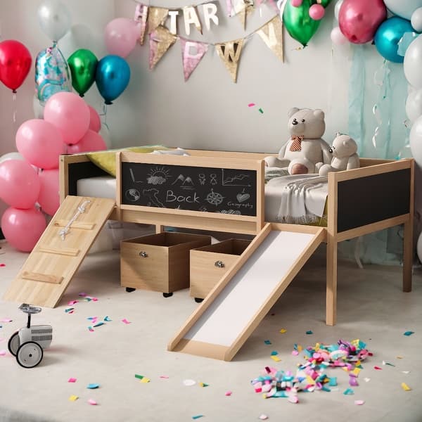 slide 2 of 9, Twin size Loft Bed With 2 Storage Boxes and Climbing Frame And Rope Natural